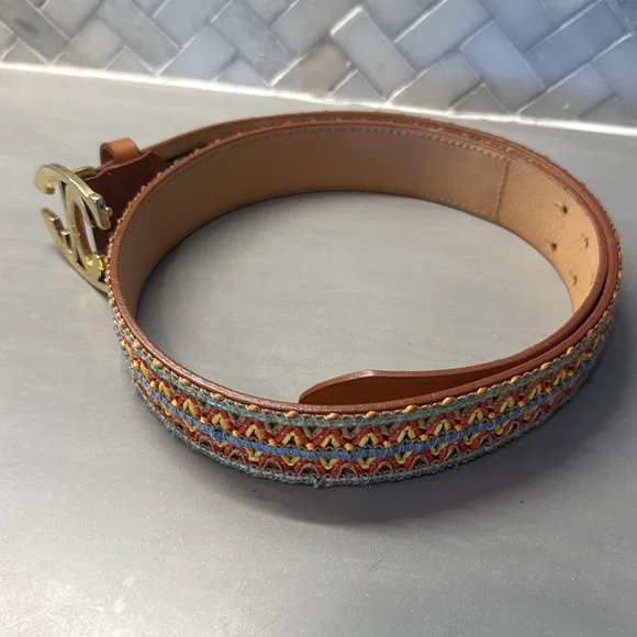 Just Cavalli Raffia Summer Tan Leather Belt with Gold Accents - Picture 9 of 9